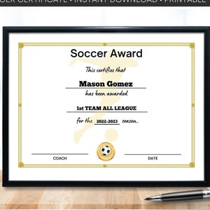 Soccer Certificate Sports Certificates Sports Award Certificates Editable Printable Sports Award Certificate Participation Sports Award