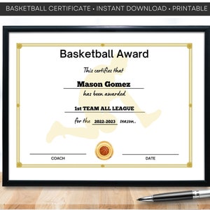 Basketball Certificate Sports Certificates Sports Award Certificates Editable Printable Sports Award Certificate Participation Sports Award