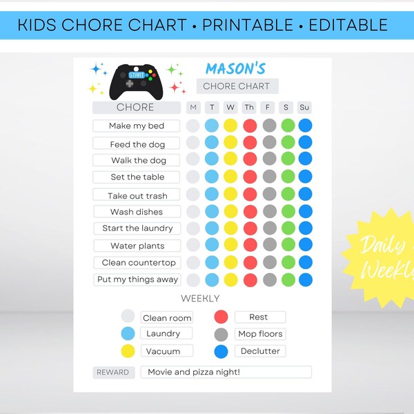 Boys Chore Chart | Video Game Chore Chart | Editable | Kid's Schedule | Printable Chore Chart | Responsibility Chart | Reward Chart