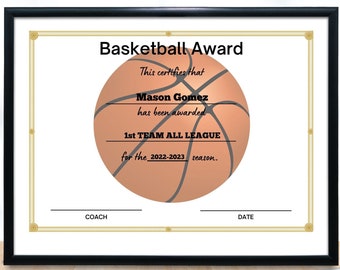Basketball Certificate Sports Certificates Sports Award Certificates Editable Printable Sports Award Certificate Participation Sports Award