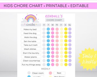 Girl's Chore Chart | Rainbow Chore Chart | Editable | Kid's Schedule | Printable Chore Chart | Responsibility Chart | Reward Chart