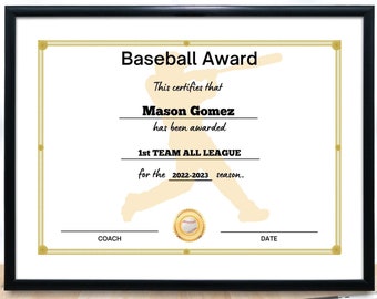 Baseball Certificate Sports Certificates Sports Award Certificates Editable Printable Sports Award Certificate Participation Sports Award