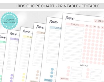 May include: Printable chore chart for kids with seven different color options. The chart includes a space for the child's name, a list of chores, a daily checklist, and a weekly reward section.