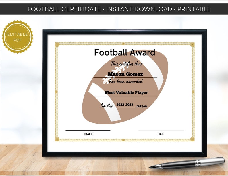 Football Certificate Sports Certificates Sports Award Etsy