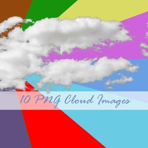 Puede incluir: Una nube blanca con una textura suave y esponjosa sobre un fondo colorido de marrón, verde, amarillo, rosa, azul y rojo. El texto "10 PNG Cloud Images" está escrito en cursiva azul sobre una pancarta blanca.