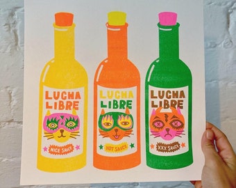 Lucha Libre Hot Sauce Cats Risograph Print 11in square