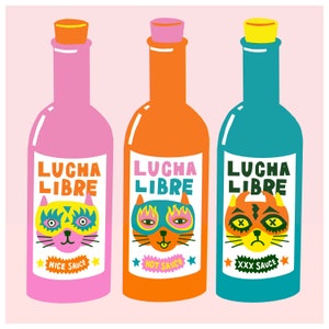 Lucha Libre Hot Sauce Cats Risograph Print - 29.7cm square