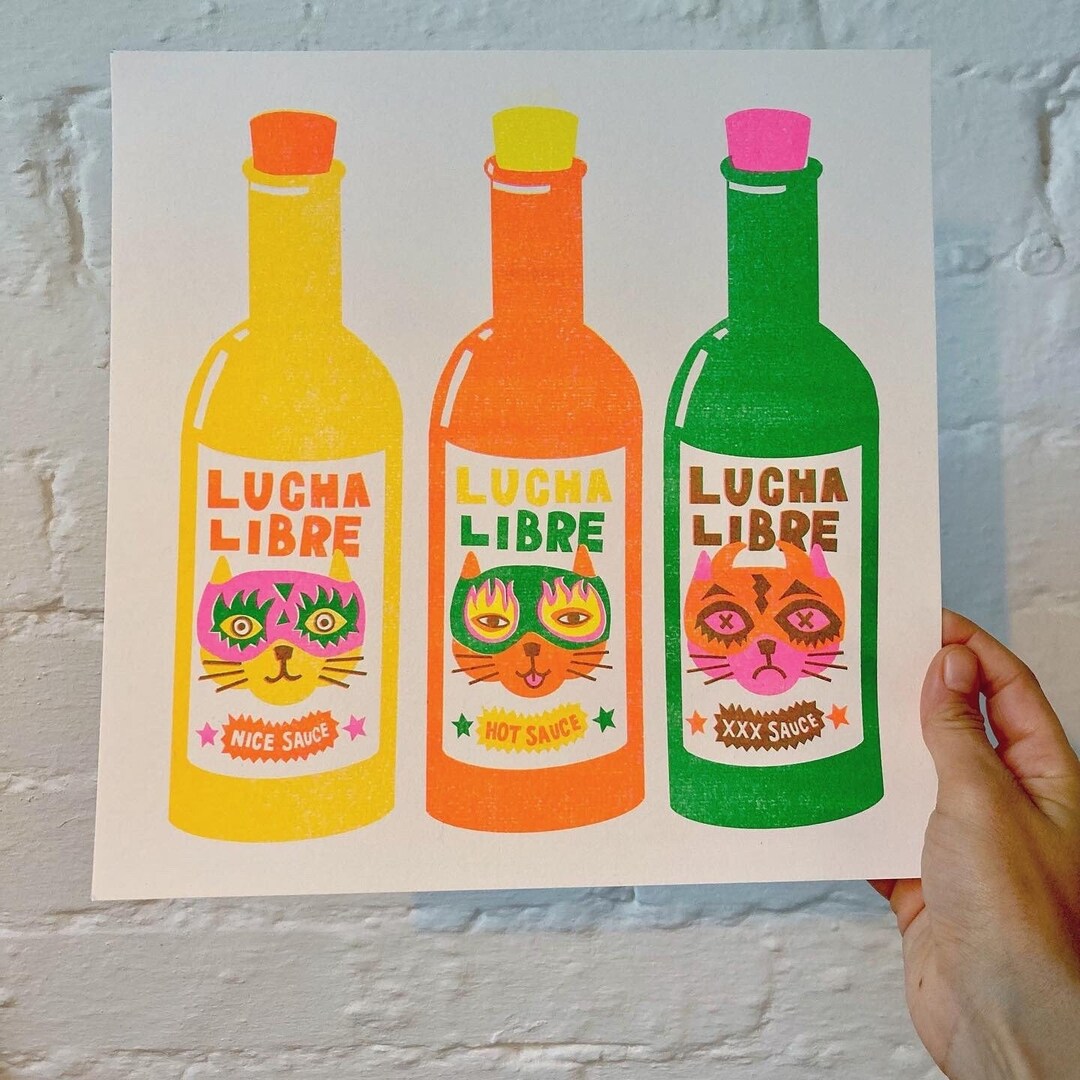 Lucha Libre Hot Sauce Cats Risograph Print 29.7cm Square Etsy
