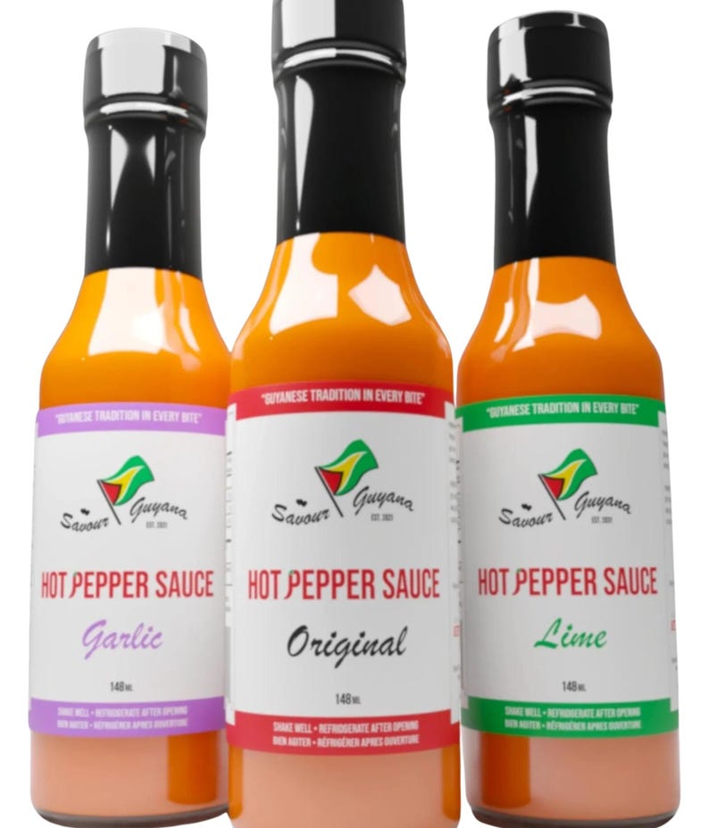 Guyanese Hot Pepper Sauce 3 Bottle Gift Pack 5oz Hot Original, Lime