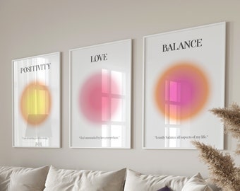 Poster Aura positiva Set di 3 Balance Love Gradiente granuloso Wall Art Stampa spirituale Good Energy Poster Trendy Retro Wallart