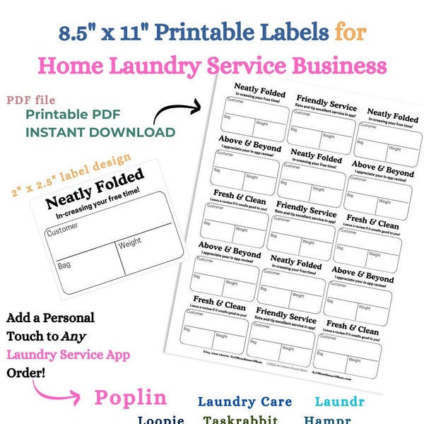 Printable Labels for WASH & FOLD Business - 8.5" x 11" Printable PDF Laundry Service App Bag Labels - Instant Download - Poplin Laundry Pros