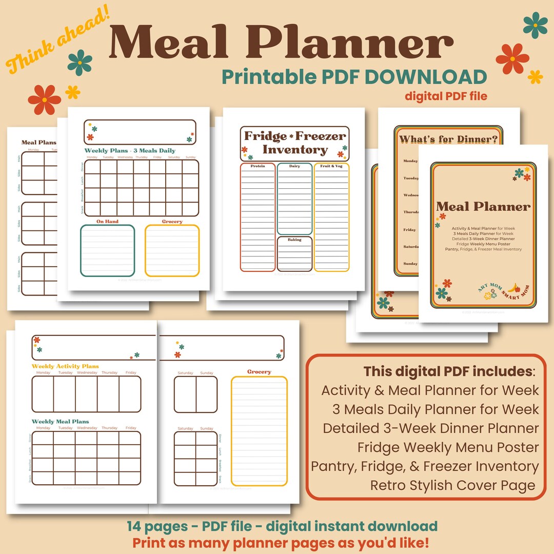Colorful Retro Weekly Meal Planner Bundle PDF Download Ready to Print ...