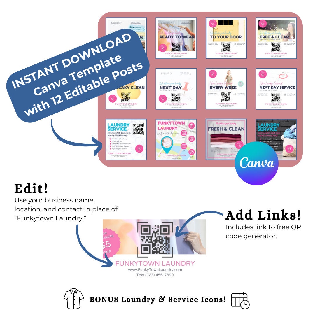 Laundry Service Social Media Kit - Editable Canva Template W 12 Social ...
