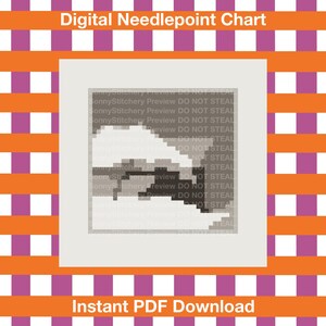 Puede incluir: Un gráfico de punto de aguja digital que presenta un diseño en blanco y negro de una cordillera. El gráfico está disponible como descarga instantánea en PDF.  "SonnyStitchery Preview DO NOT STEAL" se repite en toda la imagen.