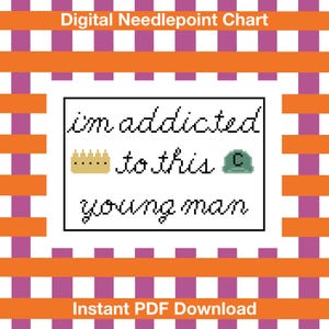 May include: Digital needlepoint chart with a white background and a black border. The text "I'm addicted to this young man" is displayed in a handwritten style. The design includes a crown and a green cap. The background has orange and purple stripes.