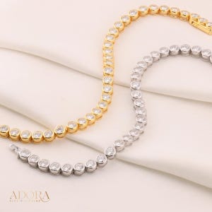 24K Gold Plated Sterling Silver VVS1 Moissanite Tennis Bracelet Bezel - 3mm and 4mm Stones - 7 Inch Length Gift For Her