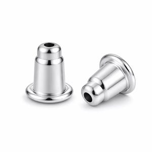 May include: Two shiny silver earring backs. Each back has a rounded base, a cylindrical body, and a small hole at the top. The backs are designed to secure earrings.