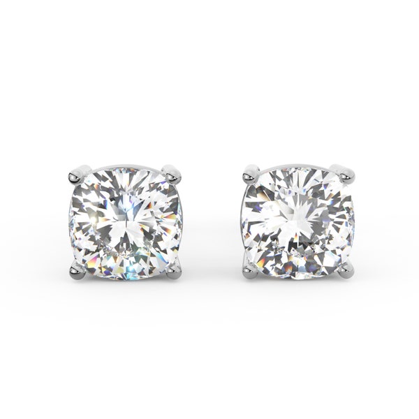 14K White Gold Lab Grown Moissanite Cushion Shape Solitaire Stud Earrings | 1.0 CTW or 2.0 CTW