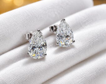 14K Solid Gold Pear Moissanite Stud Earrings, D Color VVS1, Dainty Teardrop Fine Jewelry Gift for Her