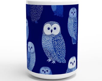 Snow Owl Mug - Blue Ceramic Cup, Gift for Owl Lovers