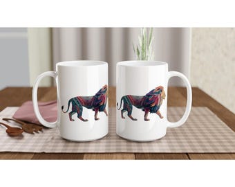 Boho Lion Coffee Mug - 15oz Ceramic, Colorful Design
