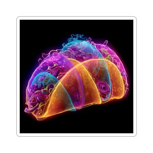 May include: A colourful sticker depicting a stylized illustration of tacos. The image uses a neon colour palette with shades of orange, yellow, blue, and purple against a black background. The design has a wireframe effect, giving it a futuristic appearance.