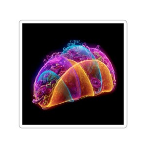 Pode incluir: Um autocolante vibrante, renderizado digitalmente, com uma imagem estilizada de três tacos. Os tacos são representados com uma paleta de cores neon de laranja, amarelo, roxo e azul sobre um fundo preto. O design tem uma aparência de estrutura de arame.