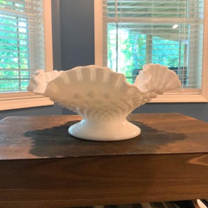 Vintage Fenton Hobnail White Milk Glass Crimped Ruffled Footed Bowl, 8&quot; Wide