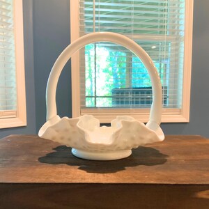 Vintage Fenton White Milk Glass Hobnail Basket w/ Handle, 5.5&quot; Tall, Ruffled Lace Edge, Excellent Condition