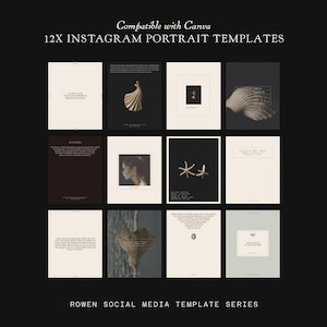Può includere: Dodici modelli di ritratto per Instagram compatibili con Canva. I modelli presentano una varietà di immagini, tra cui una conchiglia, una stella marina, un viso di donna e un paesaggio marino.
