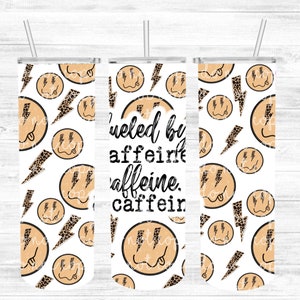 Caffeinated Tumbler, Coffee Cup, Face Travel Mug, Caffeine, Smiley Faces, Lightning Bolts, Leopard, Leopard Bolts, Heavily Caffeinated