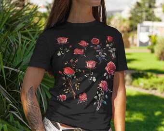 Camisa de rosas rojas, camiseta de mujer con pétalos de rosa y flores, camiseta floral Fairycore Cottagecore, top de verano, ropa de verano con flores para ella