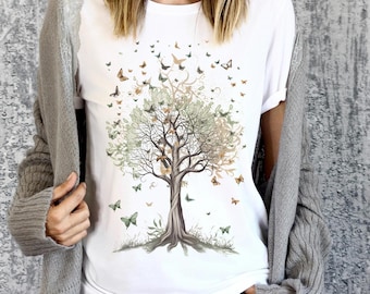 T-shirt Papillons et Arbre de Vie, T-shirt Arbre avec Papillons, T-shirt Botanique, T-shirt Papillon, T-shirt Fleur Boho, T-shirt Cottagecore