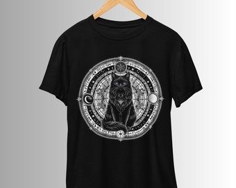 Unisex T-Shirt "Witch Cat Pentagram", Mystical Black Cat T-Shirt, Celestial Gothic Graphic Tee, Unisex EMO Witch Clothing, Moon Phases Shirt