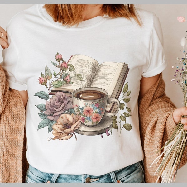 Vintage Buch mit Blüten und Kaffee - Coffee shirt, Bookworm shirt, Book lover gift, Reading Shirt, Motivational shirt, Cottagecore Shirt