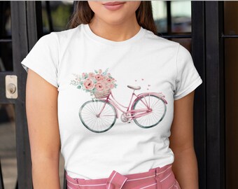 Vintage Floral &quot;Bicycle with Flower Basket&quot; Shirt, Aesthetic Flower TShirt, Botanical Romantic Cottagecore T-Shirt, Flower Motif Gift for Her