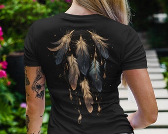 Back print: Spiritual Hanging Feathers, Feathers T-Shirt, Witchcraft Shirt, Esoteric T-Shirt, Spiritual Shirt, Talisman T-Shirt, Boho Style