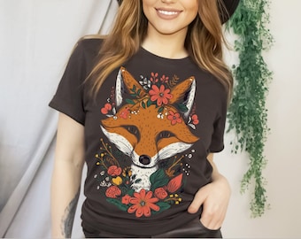Boho Fox & Blossoms Shirt, Fox Motif Women's T-Shirt, Floral Forest Animal Cottagecore Shirt, Gift for Her, Cute Fox Tshirt, Women Shirt