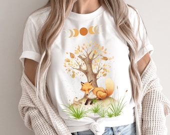 Boho Fox & Moon Phases Shirt, Floral Fox T-Shirt, Cottagecore Shirts for Women, Forestcore Clothing Fox Print, Perfect Gift for Her