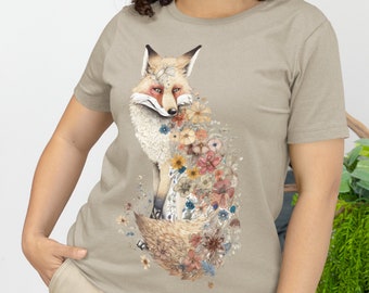 Vintage Fox Organic Shirt: White Fox & Blossoms T-Shirt, Boho Flower Cottagecore Fox TShirt, Botanical Floral Clothing, Gift for Her