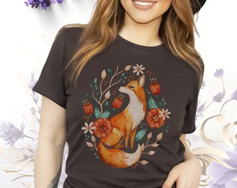 T-shirt Renard d'automne, chemise Cottagecore, t-shirt d'automne, t-shirt Thanksgiving, chemise motif automne, chemise renard, t-shirt Thanksgiving, fleurs d'automne