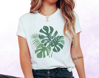 Mysterious Monstera Flower Shirt, Elegant Plant Leaves Women's T-Shirt, Minimalist Plant Motif, Botanical Women's Summer T-Shirt