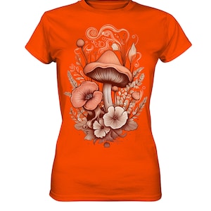 Floral Boho Mushroom Shirt, Botanical Cottagecore Vintage T-Shirt, Aestetic Green Witch TShirt, Autumn Flowers, Top Gift Idea for Women Orange