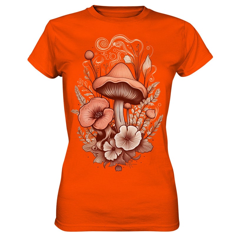 Floral Boho Mushroom Shirt, Botanical Cottagecore Vintage T-Shirt, Aestetic Green Witch TShirt, Autumn Flowers, Top Gift Idea for Women Orange