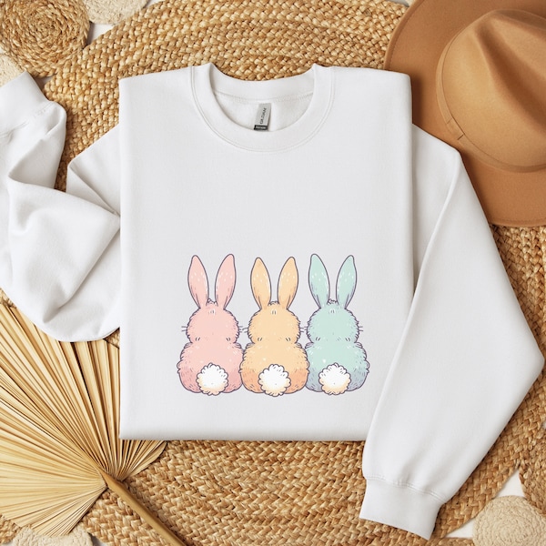 Sweatshirt "Pastel Bunnies", Unisex Easter Bunny Sweater, Easter Pullover, Three Bunnies Sweater, Rabbit Trio Graphic Spring Easter Gift Idea