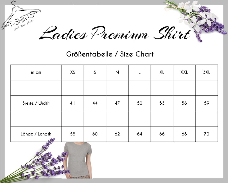 Peut inclure: Tableau des tailles pour un t-shirt premium pour femme, indiquant les mesures en centim&egrave;tres pour la largeur et la longueur. Le tableau comprend les tailles XS &agrave; 3XL.