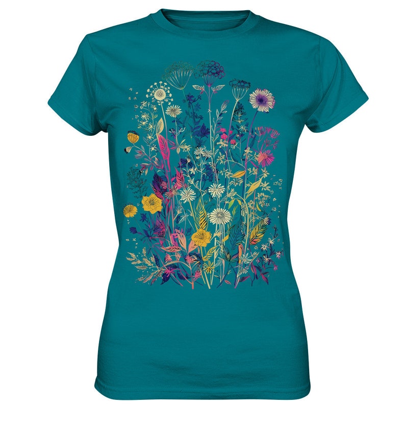 T-shirt imprimé fleurs sauvages pressées, T-shirt fleuri, Cadeau pour amoureux des plantes, T-shirt fleurs sauvages, T-shirt jardinier, T-shirt fleurs sauvages femme, T-shirt plantes Diva Blue