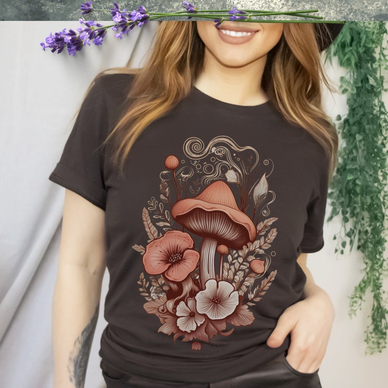 Floral Boho Mushroom Shirt, Botanical Cottagecore Vintage T-Shirt, Aestetic Green Witch TShirt, Autumn Flowers, Top Gift Idea for Women image 3