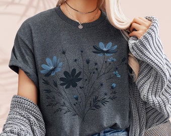 T-shirts à motifs floraux et fleuris, t-shirt unisexe minimaliste à fleurs sauvages, t-shirt à motifs d'herbes, 4 modèles différents
