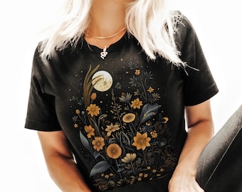 Wildflowers & Moon Cottagecore Shirt, Boho Style, Cottagecore Clothing, Wild Flower Shirt, Herbs Shirt, Wildflowers Shirt, Mystic Moon Shirt